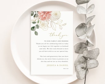 Wedding Guest Thank You Letter Template, Blush & Gold Flowers, Editable Wedding Table Thank You Note, Printable, Templett INSTANT Download
