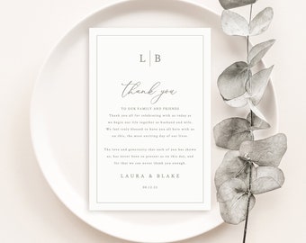 Thank You Letter Template, Wedding Monogram, Wedding Guest Thank You Note, Printable, Editable, Templett INSTANT Download
