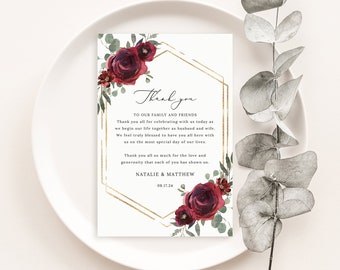 Wedding Thank You Letter Template, Elegant Burgundy Floral, Wedding Table Thank You Note, Printable, Editable, Templett INSTANT Download