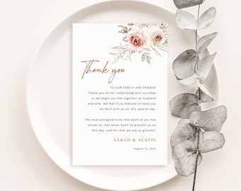 Wedding Thank You Note Template, Elegant Floral Boho, Printable, Boho Wedding Guest Thank You Letter, Editable, Templett INSTANT Download