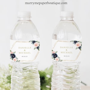 Wedding Water Bottle Label Template, Navy & Blush Floral, Mineral Water Label Printable, Templett INSTANT Download, Editable