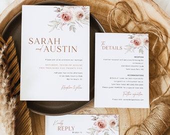 Wedding Invitation Template Set, Elegant Floral Boho, Editable, Boho Wedding Invitations, Printable, Self Edit, Templett INSTANT Download