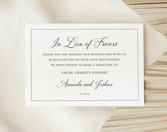 In Lieu of Favors Card Template, Traditional Wedding Calligraphy, Charity Donation Enclosure Card, Printable, Templett INSTANT Download