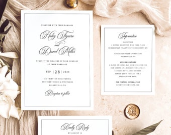 Wedding Invitation Template Set, Classic Calligraphy & Border, Invitation Suite, RSVP, Details Card, Templett INSTANT Download, Editable