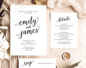 Wedding Invitation Set Templates, Modern Script, Editable Instant Download, Try Before Purchase