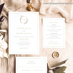 Wedding Invitation Template Set, Gold Wedding Crest & Monogram, Printable Wedding Invitation Suite, Editable, Templett INSTANT Download