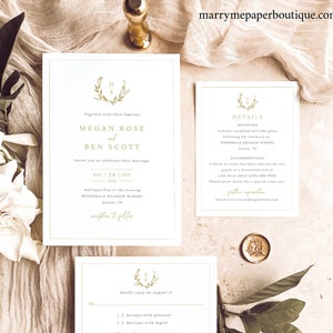 Wedding Invitation Template Set, Elegant Gold Wreath Monogram, Editable Invite Suite, RSVP, Details, Printable, Templett INSTANT Download