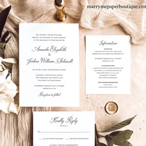 Elegant Wedding Invitation Template Set, Traditional, Wedding Invitation Suite, Printable, Calligraphy, Editable, Templett INSTANT Download
