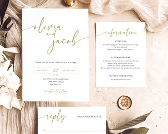 Wedding Invitation Template Set, Gold, Modern Script, Self Edit, Modern Wedding Invitations, Printable, Templett INSTANT Download, Editable