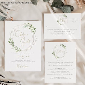 Wedding Invitation Template Suite, Greenery & Gold, Editable Printable Instant Download, Templett