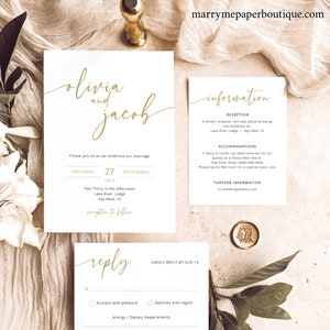 Wedding Invitation Template Set, Gold, Modern Script, Self Edit, Modern Wedding Invitations, Printable, Templett INSTANT Download, Editable