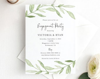 Engagement Party Invitation Template, Greenery Leaves, Order Edit & Download In Minutes, Try Before Purchase