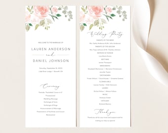 Wedding Program Template, Blush Pink Floral,  Editable Instant Download, Try Before Purchase