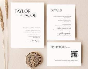 Wedding Invitation Template Set, Modern & Classic, QR Code RSVP, Details Card, Editable Invite Suite, Printable, Templett INSTANT Download