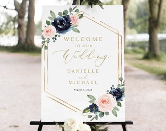 Wedding Welcome Sign Template, Navy & Blush Floral, Welcome To Our Wedding Sign, Printable, Templett INSTANT Download, Portrait