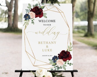 Wedding Welcome Sign Template, Burgundy Geometric, Editable Printable Instant Download, Templett, Demo Available