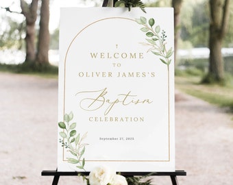 Baptism Welcome Sign Template, Greenery Arch, Printable, Editable, Welcome To The Baptism Sign, Arch Baptism Sign, Templett INSTANT Download