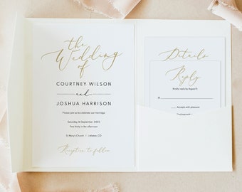 Wedding Invitation Template Set, Pocket Fold, Elegant Gold Script, Printable Invite Set, Editable, Templett, INSTANT Download