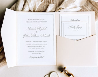 Wedding Invitation Template Set, Pocketfold, Traditional Wedding Calligraphy & Border, Editable, Printable, Templett INSTANT Download