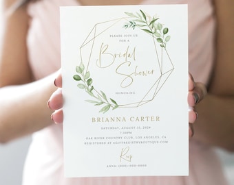 Bridal Shower Invite Template, Editable Printable Instant Download, Greenery & Gold