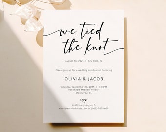 We Tied The Knot Wedding Announcement Template, Modern Calligraphy, Reception Party Invitation, Printable, Templett INSTANT Download