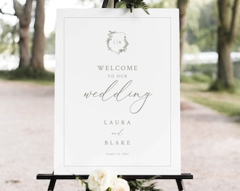 Wedding Welcome Sign Template, Botanical Crest, Elegant Wedding Sign, Printable,  Editable, Templett INSTANT Download