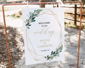 Wedding Welcome Sign Template, Greenery Geometric, Self Edit Instant Download, Try Before Purchase