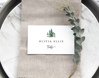 Pine Tree Place Card Template, Rustic Pine Forest, Printable Seating Card, Templett, Editable, INSTANT Download