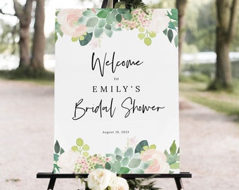 Succulent Floral Bridal Shower Welcome Sign Template, Green & Blush Bridal Shower Sign Printable, Templett Editable, Instant Download