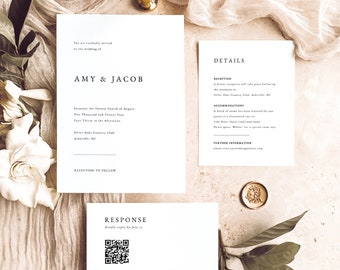 Wedding Invitation Suite Templates, Simple Classic, QR Code RSVP & Reply, Printable, Editable Wedding Invite, Templett INSTANT Download