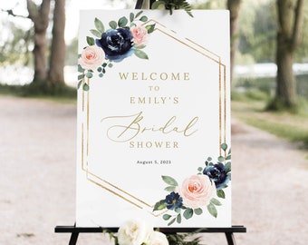 Bridal Shower Welcome Sign Template, Navy & Blush Floral, Bridal Shower Sign Printable, Editable, Templett INSTANT Download