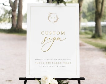 Wedding Sign Template, Gold, Wedding Crest & Monogram, Self Edit, Large Wedding Sign, Printable, Editable, Templett INSTANT Download