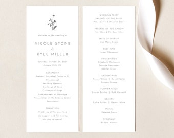 Wedding Program Template, Elegant Botanic Flowers, Wedding Ceremony Program, Printable, Editable, Tall Program, Templett INSTANT Download