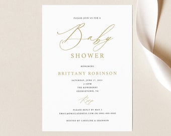 Gold Baby Shower Invitation Template, Free Demo Available, Editable Instant Download, Stylish Script