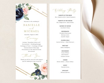 Wedding Program Template, Navy & Blush Floral, Wedding Ceremony Program, Printable, Tall Program, Templett INSTANT Download