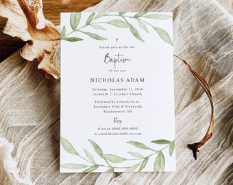 Baptism Invitation Template, Greenery Leaves,  Editable Instant Download, Try Before Purchase