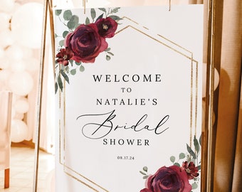 Bridal Shower Welcome Sign Template, Elegant Burgundy Floral, Printable Bridal Shower Sign, Templett INSTANT Download, Editable