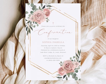 Confirmation Invitation Template, Dusky Pink Floral, Editable, Pink Flower Confirmation Invite, Printable, Templett INSTANT Download