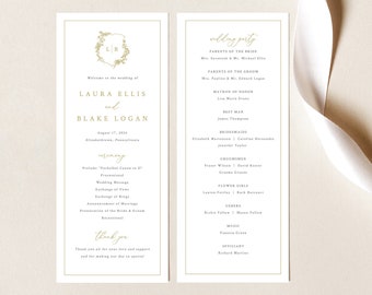 Wedding Program Template, Gold, Wedding Crest & Monogram, Tall Wedding Ceremony Program, Printable, Editable, Templett INSTANT Download