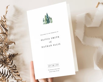 Pine Forest Wedding Program Template, Folded, Rustic Pine Trees, Printable Program, Editable, INSTANT Download, Templett