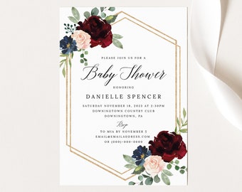 Baby Shower Invitation Template, Burgundy Hexagonal, Demo Available, Printable Editable Instant Download