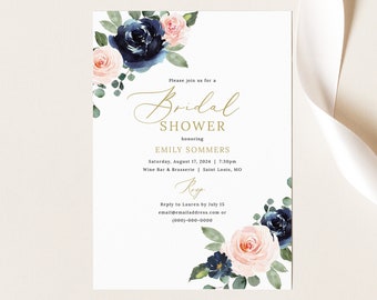 Bridal Shower Invitation Template, Navy & Blush Floral, Bridal Shower Invite Card, Printable, Templett INSTANT Download, Editable