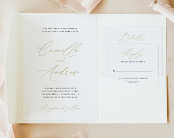 Wedding Invitation Template Set, Stylish Gold Script, Pocketfold, Editable & Printable, Instant Download, Try Before Purchase