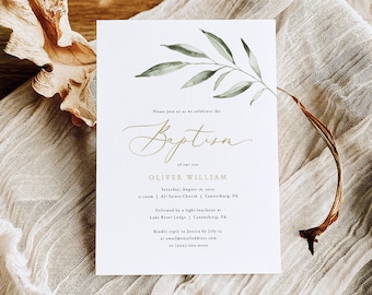 Baptism Invitation Template, Greenery Leaf, Editable Instant Download, Try Before Purchase