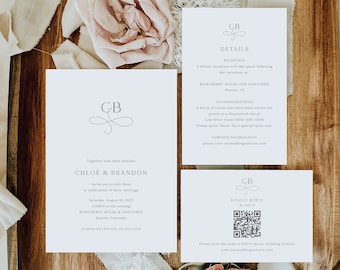 Wedding Invitation Templates, Elegant Monogram, QR Code RSVP Card, Printable Wedding Invitations, Templett INSTANT Download, Editable