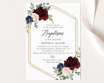 Baptism Invitation Template, Burgundy Navy, Templett Demo Available, Editable & Printable Instant Download