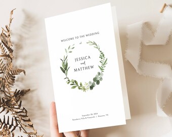 Wedding Program Template, Elegant Greenery, Editable, Folded Wedding Ceremony Program, Printable, Templett INSTANT Download,