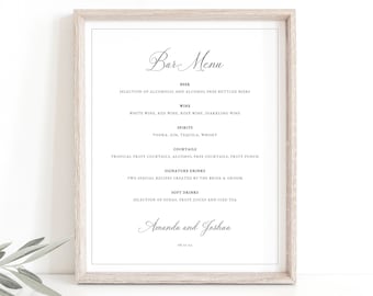 Bar Menu Template, Traditional Wedding Calligraphy & Border, Printable Wedding Bar Menu, Wedding Drinks Menu, Templett INSTANT Download