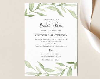 Bridal Shower Invitation Template, Try Before Purchase, Editable Instant Download, Greenery Leaves