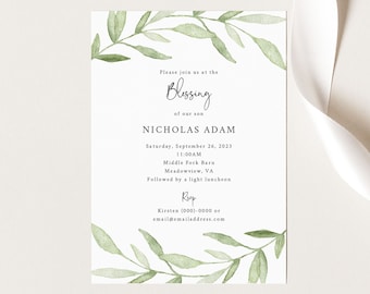 Blessing Ceremony Invitation Template, Greenery Leaves, Printable Baby Blessing Invitation Card, Templett INSTANT Download, Editable